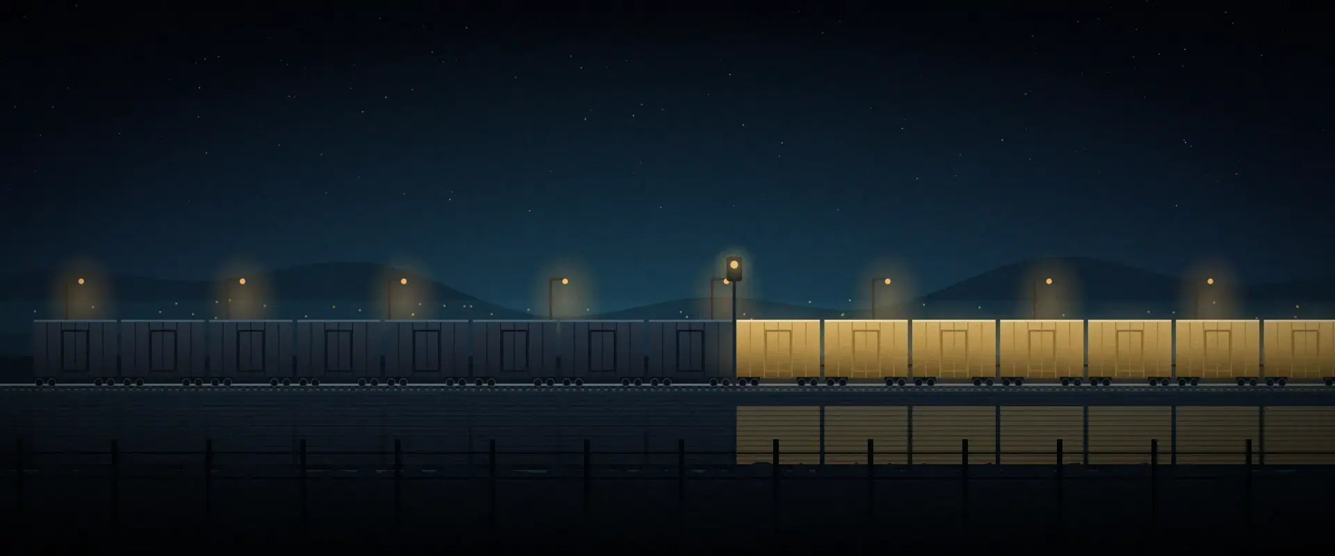 Illustration of a freight train at night where the wagons past one signal glow gold, for a TCS rate chart