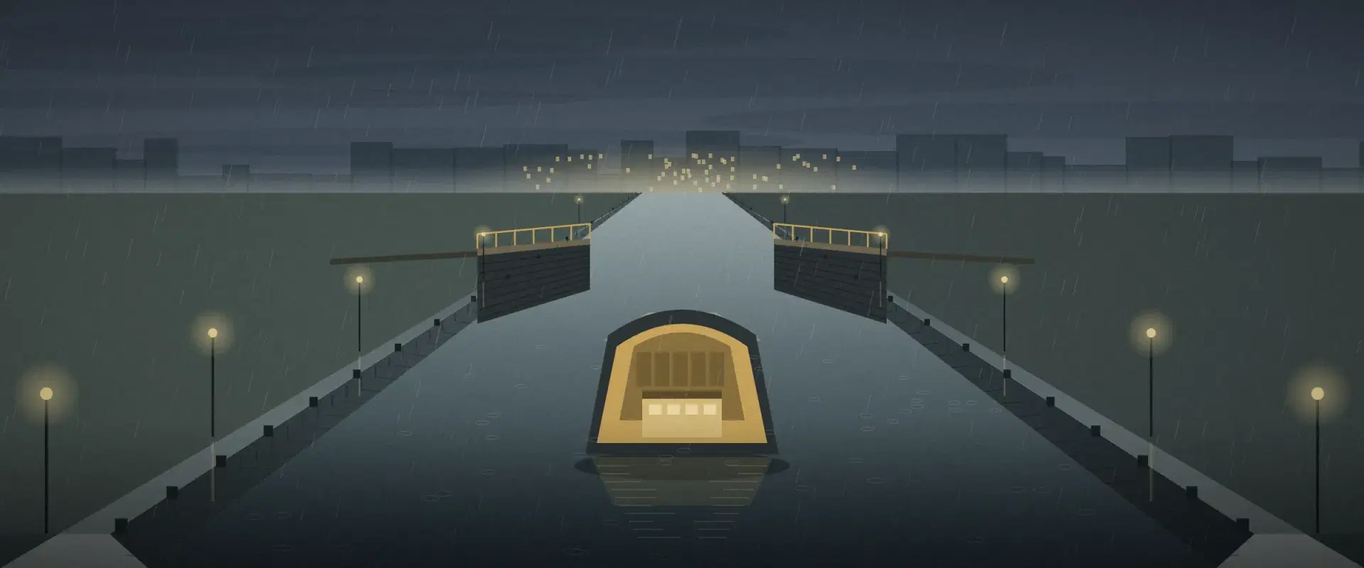 Illustration of a gold barge waiting in a canal lock in the rain as the lock gates open ahead, for a TCS refund