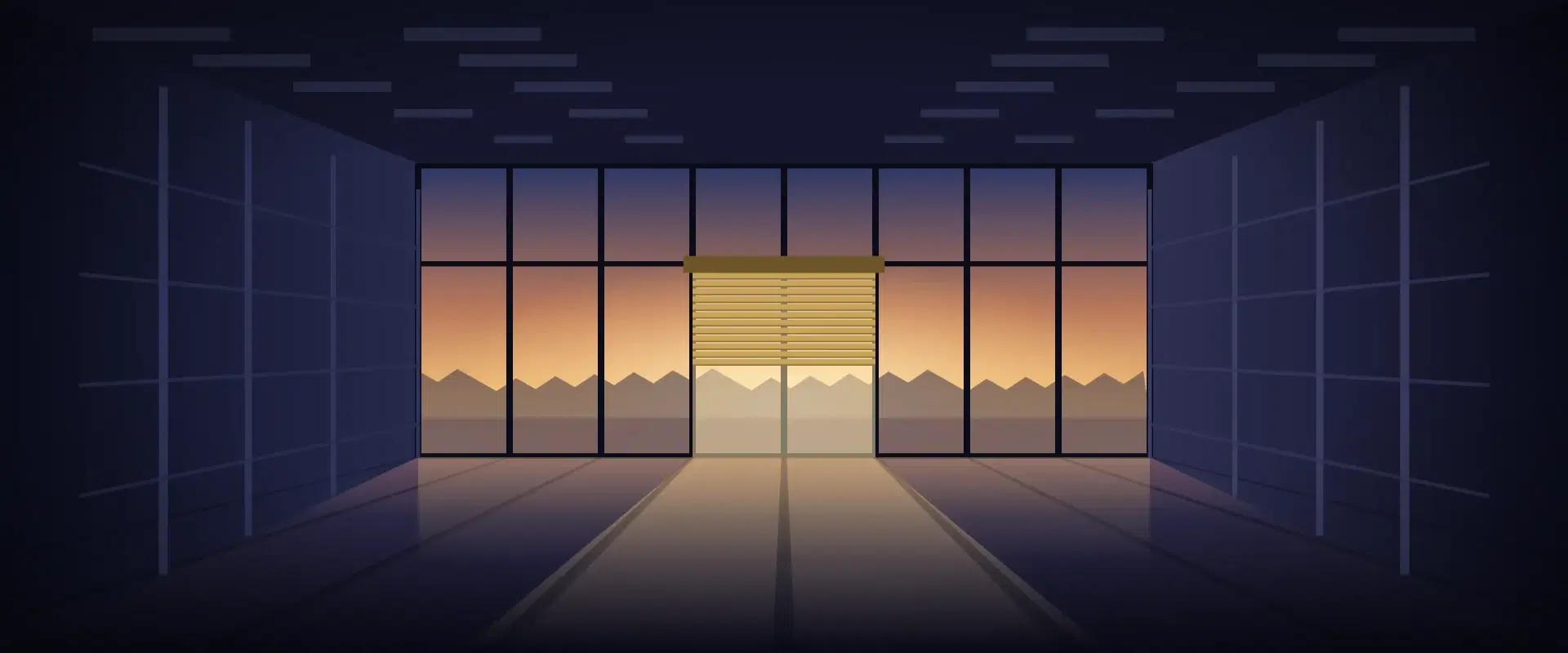 Illustration of an empty commercial hall at sunrise with a gold shutter half raised, for a triple net lease