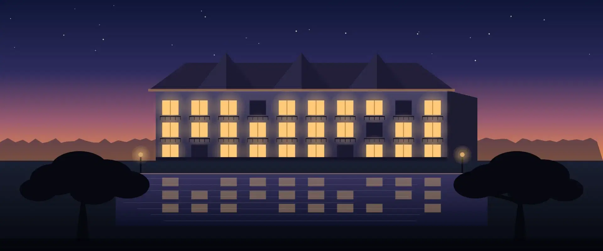 Illustration of garden apartments at blue hour above a reflecting pool, for US dividend tax in India