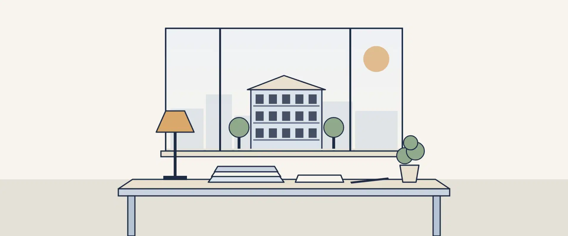 Illustration of a desk with papers and a lamp before a window onto a U.S. apartment block, for U.S. dividend tax in India