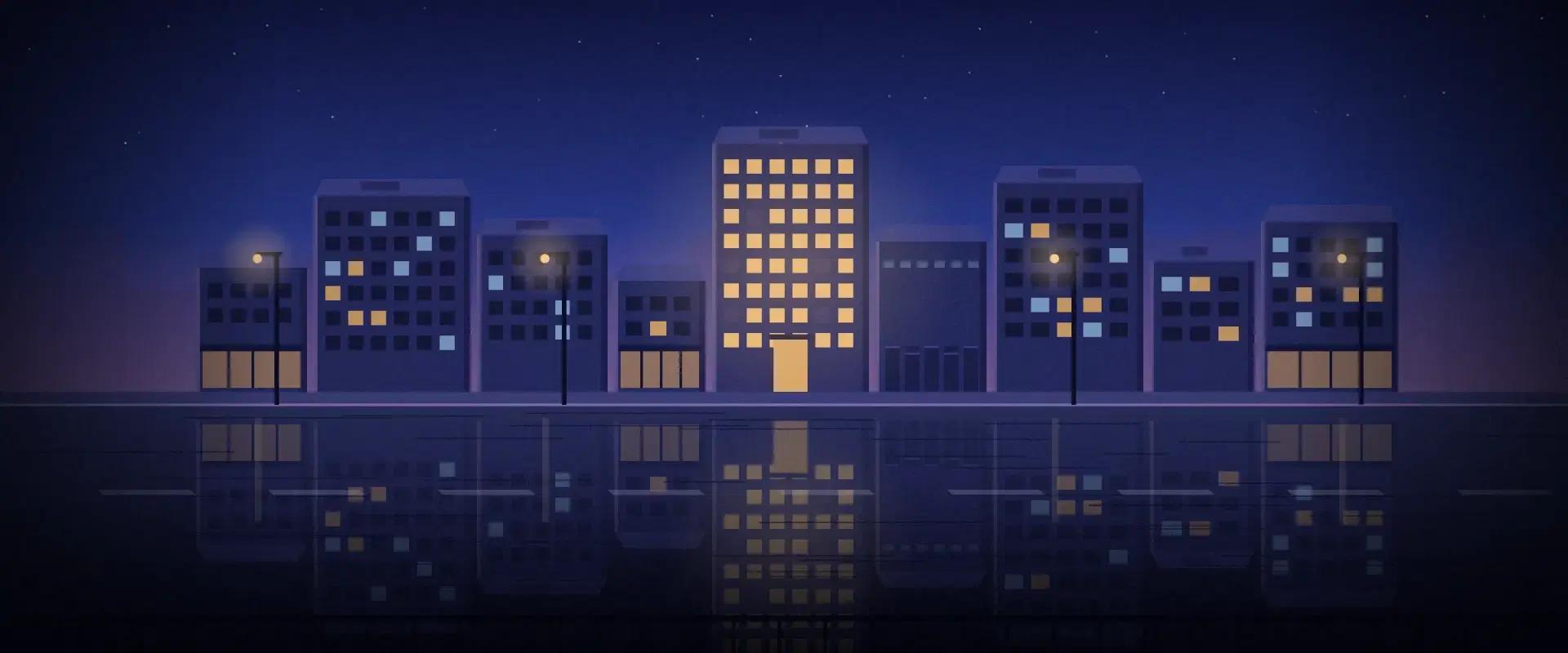 Illustration of a street of mixed buildings at blue hour with one lit block mirrored in the wet road, for U.S. REITs