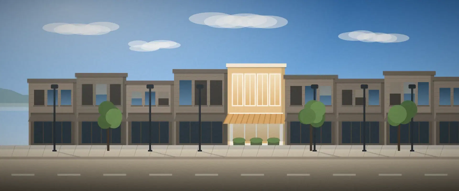 Illustration of a main street at midday with one renovated sand building in a dated row, for value-add real estate