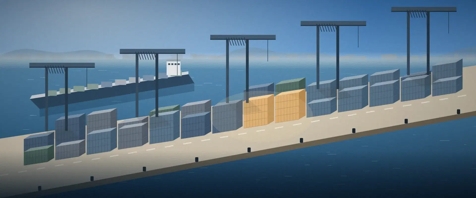 Illustration of a container port at midday from above with one sand-toned stack among slate ones, for HNI wealth planning